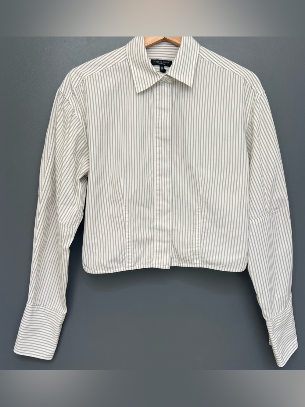 Rag & Bone White/Sage Pinstripe Cropped Button-Down Shirt